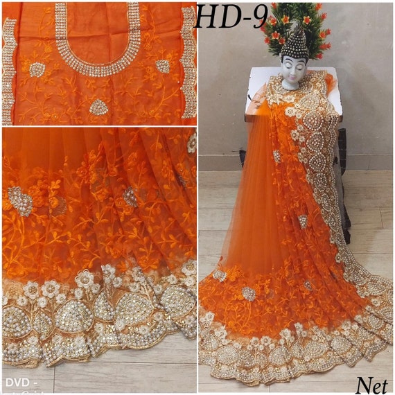 heavy pearl work net saree