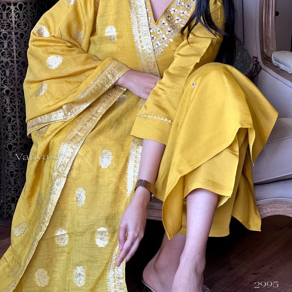 Chanderi Banarasi Silk Kurti with Pant and Weaved Dupatta | Yellow Indian Kurti set for women | Indian Dress for her