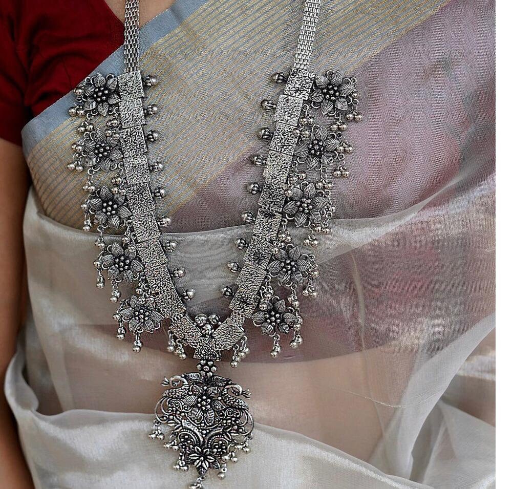 Silver Oxidised Necklace With Earring 