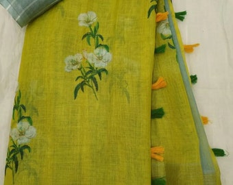 Yellow Flower Printed Linen Saree Durga Pooja SPECIAL Linen Saree with stitched blouse Indian saree  Designer saree blouse