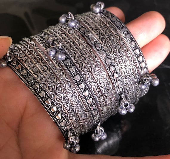Bangles Set Silver Plated Hand Kada Bracelet Antique Silver Look Openable  Kada Broad Bracelet Ghunghroo Bangle Gifts Wedding Hand Bangles - Etsy
