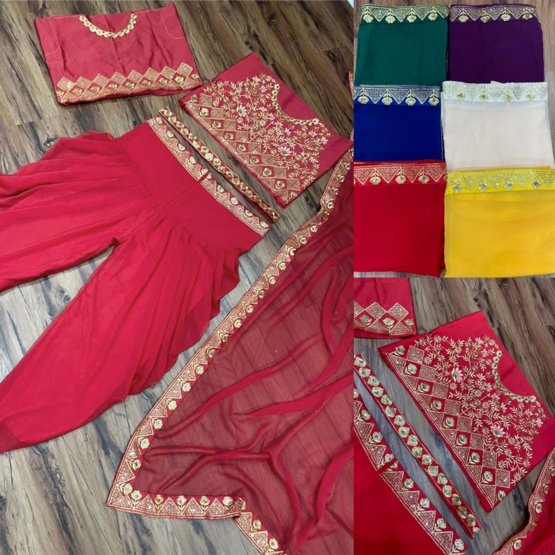 Red Crop Top With Dhoti Pants And Attached Dupatta Red Indian dress For Women Dhoti Pant for her image 9