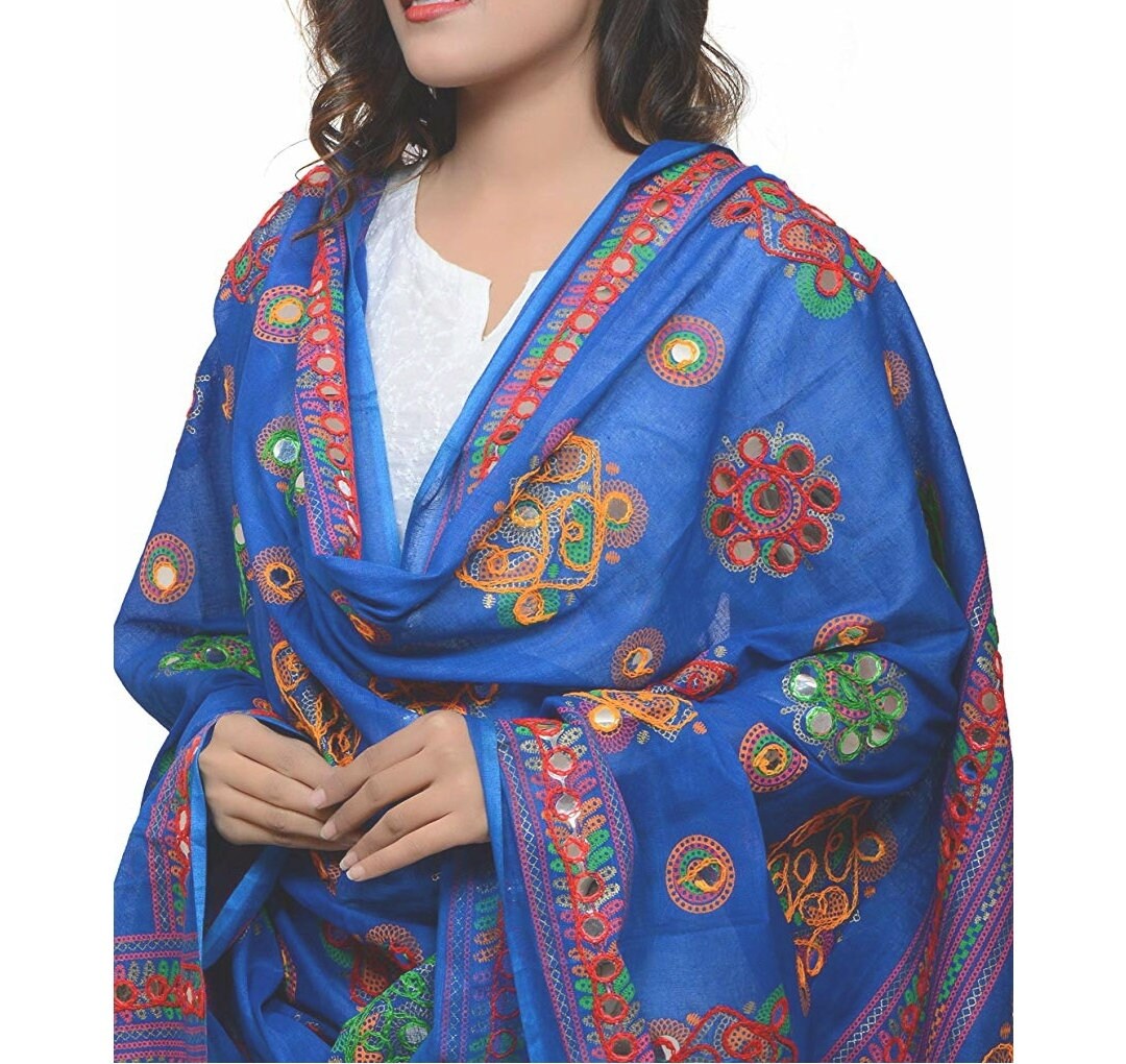 Blue Hand Embroidered Indian Dupatta Handmade Shawl Colorful Etsy