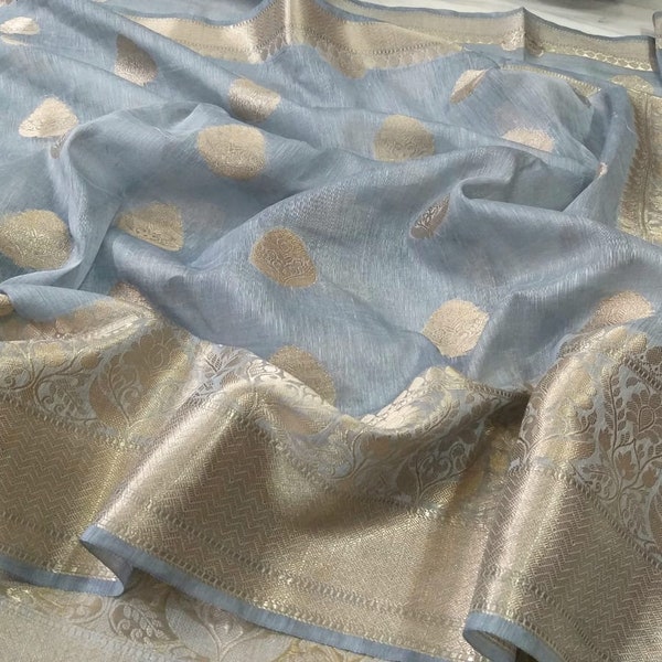 Grigio Banarasi telaio a mano lino seta Sarees TESSITURA regalo nuziale abbigliamento festivo occasionale matrimonio Sari con camicetta da corsa non cucita