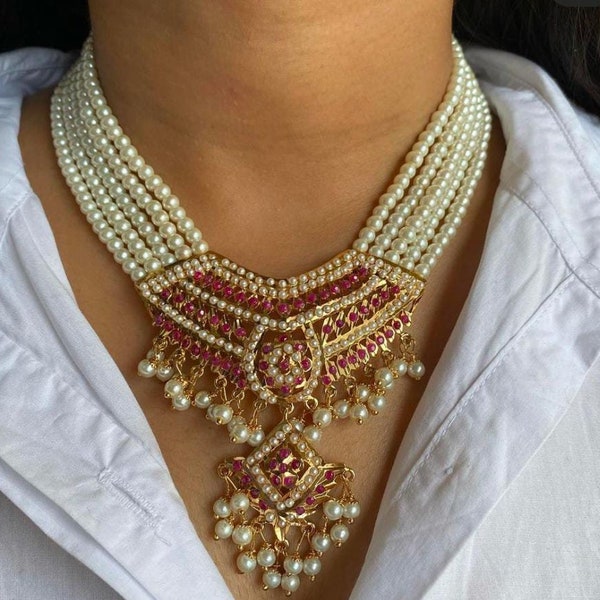 Handcrafted Hyderabadi Jadau Choker Necklace Set with Pearls and Stones | Indian gold Necklace with earrings for women | Pearl necklace