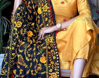 3 Pcs Cotton Silk  Kurti with Pant and Phulkari dupatta | Yellow Kurti for women | Indian kurti set for her