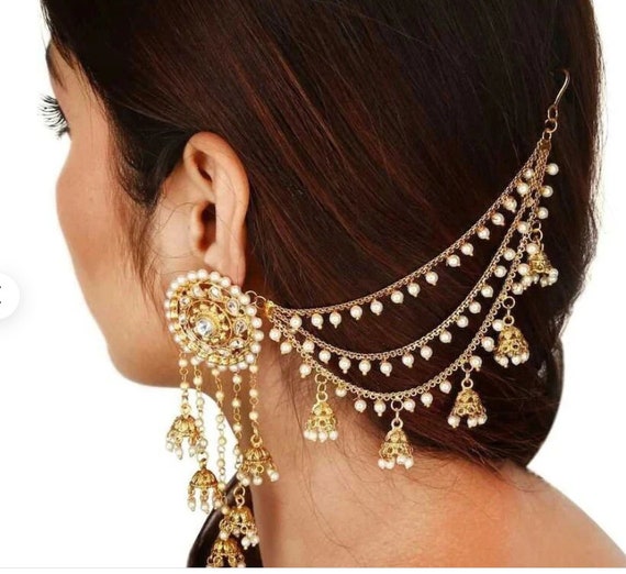 Gold Earring with Hair Chain traditional Rajasthani ghungroo jhumka with —  Discovered