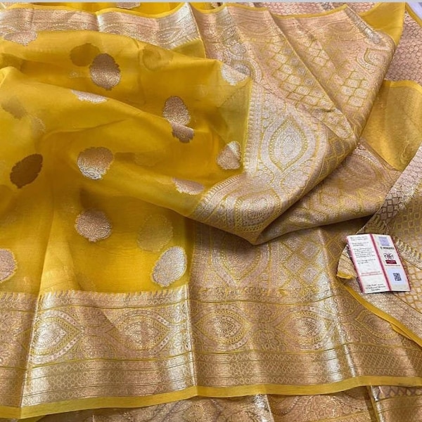 Yellow Banarasi kora organza soft silk saree with blouse | Saree with stitched blouse | Indian saree | Designer green saree blouse
