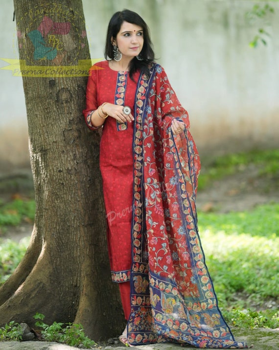 Handblock Printed Chanderi Silk Kurta Set - Maroon – Suvi Trends