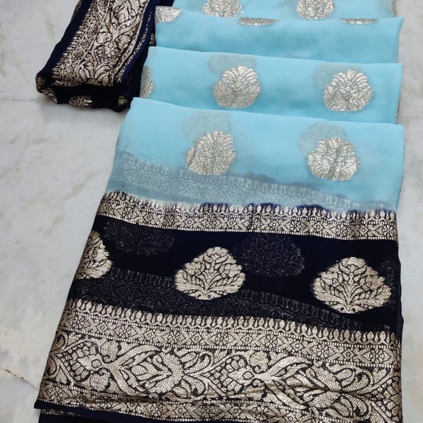 Saris en georgette avec chemisier surpiqué Collection exclusive de sari georgette tissés floraux avec pièce de chemisier sari indien