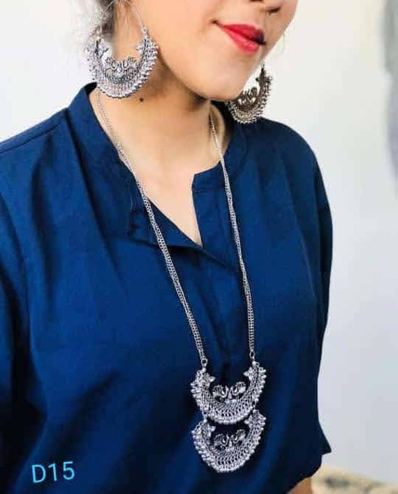 Silver Oxidised Necklace With Earrings 