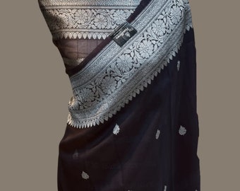 Banarasi Handloom Georgette Silk Saree Blouse with Silver Zari Weaving | Black Saree with Blouse for women | Indian Saree for her