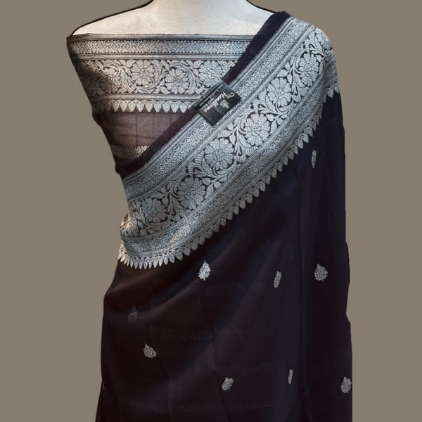 Banarasi Handloom Georgette Silk Saree Blouse with Silver Zari Weaving | Black Saree with Blouse for women | Indian Saree for her