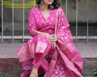 3 Pcs gorgeous Readymade Stitched kurti set Chanderi Banarasi silk weaved kurti with silk pant alongwith banarasi weaved dupatta