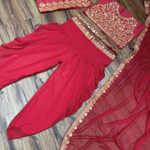 Red Crop Top With Dhoti Pants And Attached Dupatta Red Indian dress For Women Dhoti Pant for her image 8