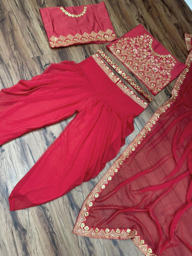Red Crop Top With Dhoti Pants And Attached Dupatta Red Indian dress For Women Dhoti Pant for her image 8