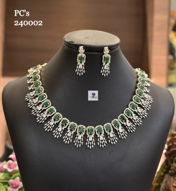 Emerald Green Premium Quality CZ Stone Necklace With Earrings