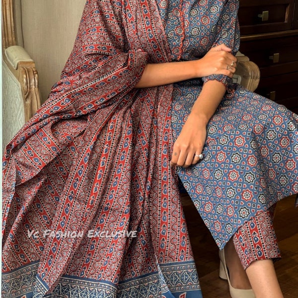 Abito Salwar cucito pronto 3 pezzi splendido set Kurti Bellissimo abito a tre pezzi tradizionale set di pantaloni kurti in cotone stampato ajrak duppata