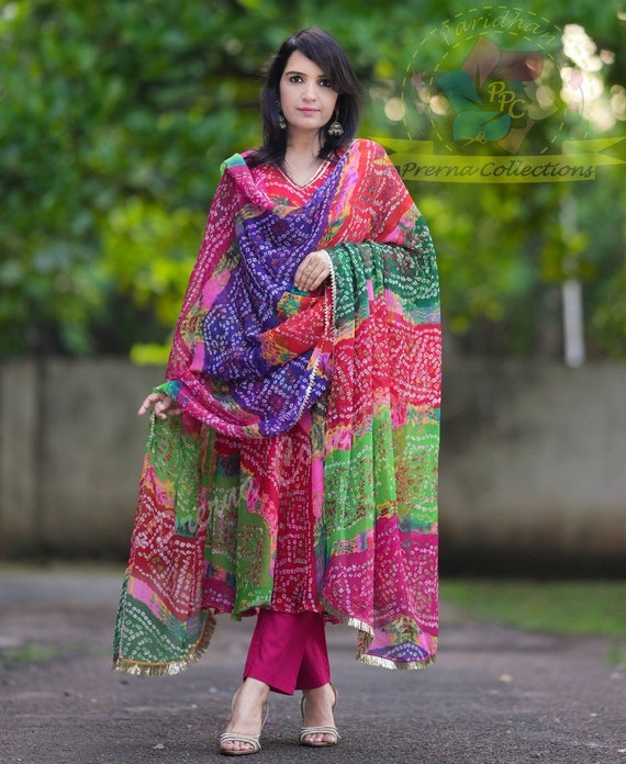 Buy Vbuyz Women's Bandhani Print Anarkali Cotton Parrot Green Stitched  Kurta Pant with Dupatta (VF-KU-1214-SKD) at Amazon.in