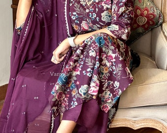 3Pcs Modal Silk Kurti Attached Linning with Pant and Weaved Dupatta | Purple Kurti for women with Kalamkari Work | Indian Kurti set for her