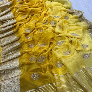 Yellow Color Beautiful Organza Silk With Zari Work Motif all over saree Soft Saree Bridal Occasional Wear Party Wedding Wear with Blouse