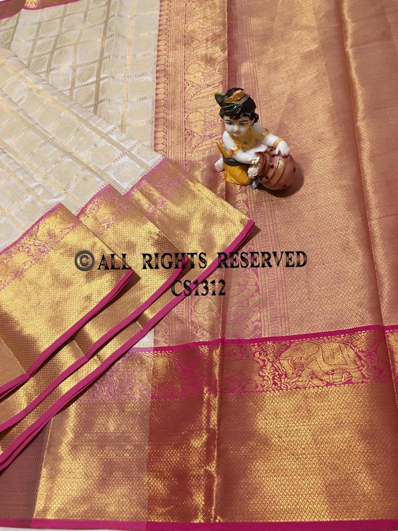Off White FREE SHIPPING/_Ethnic Kanchipuram Silk Saree With Zari Woven Border With Contrast Barcode Blouse Wedding Wear Indian Women Sari