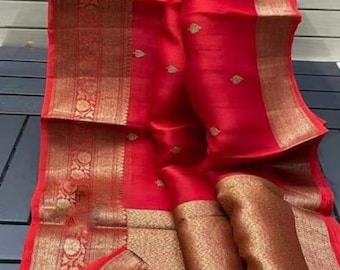 Banarasi handloom Kora Seide Sari mit Bluse | Indischer Sariseide | Roter Sari mit genähter Bluse | Designer Saree Bluse für Damen