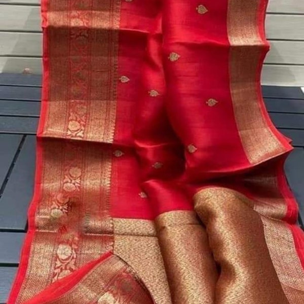 Banarasi handloom kora silk saree with blouse | Indian saree | Red saree with stitched blouse | Designer saree blouse for women