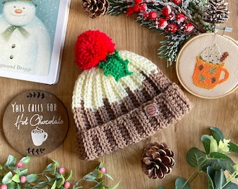 Xmas Pudding Beanie Crochet Pattern: Ribbed Holiday Hat (PDF DOWNLOAD)