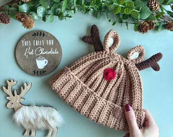 Deer Beanie Crochet Pattern: Ribbed Reindeer Hat, Antlers (PDF DOWNLOAD)