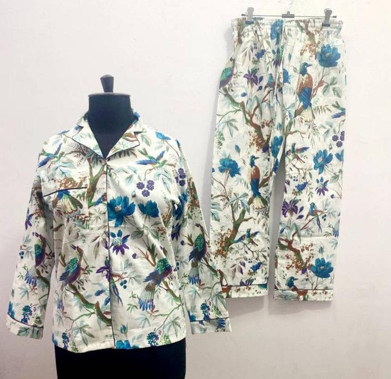 Cotton Pajamas Matching Pyjama Set FULL LENGTH bird Print white Colour Pajama SET Bridesmaid Pajamas Bridal Party Pajamas Bride Pajamas