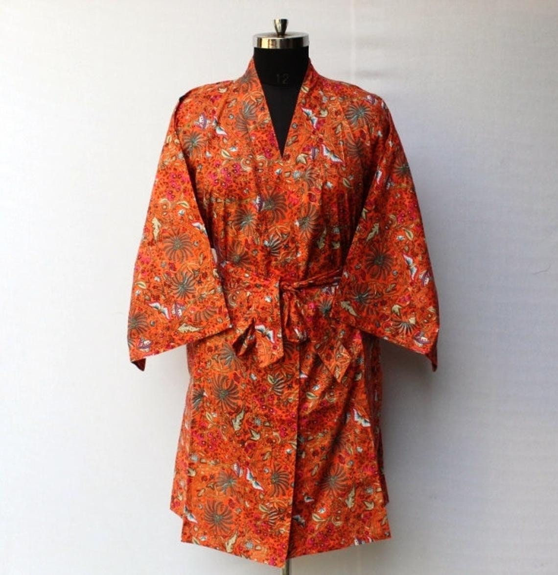 Long Cotton Kimono Handmade floral print Cover up Bath Etsy