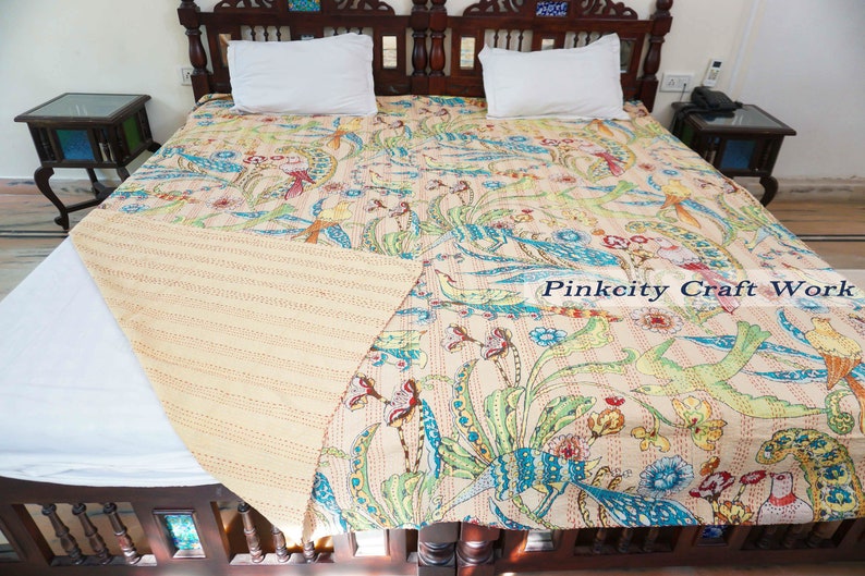 Indian kantha king size gudri Handmade kantha throw quilt with animal print twin sided Bedspread vintage blanket bed throw luxury bedding