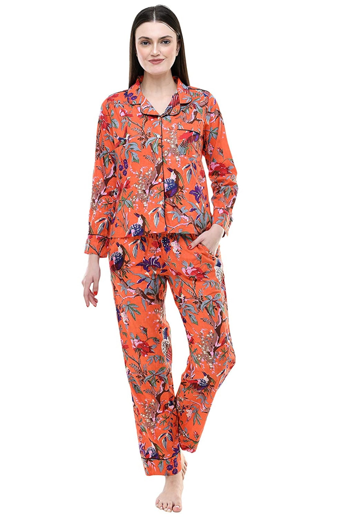 FULL LENGTH bird Print orange Colour Matching Pyjama | Etsy