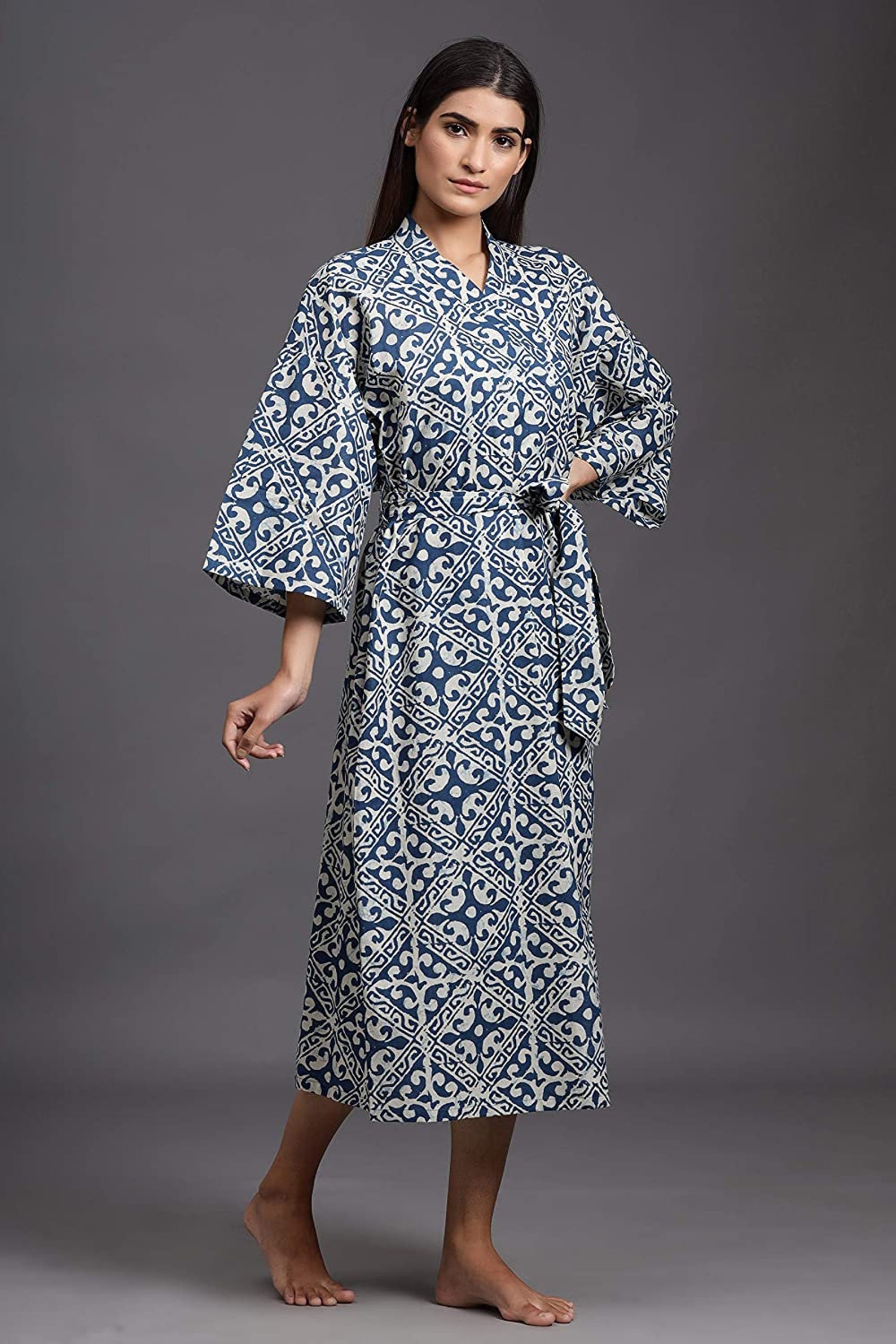 Long Cotton Kimono Handmade floral print Cover up Bath Etsy