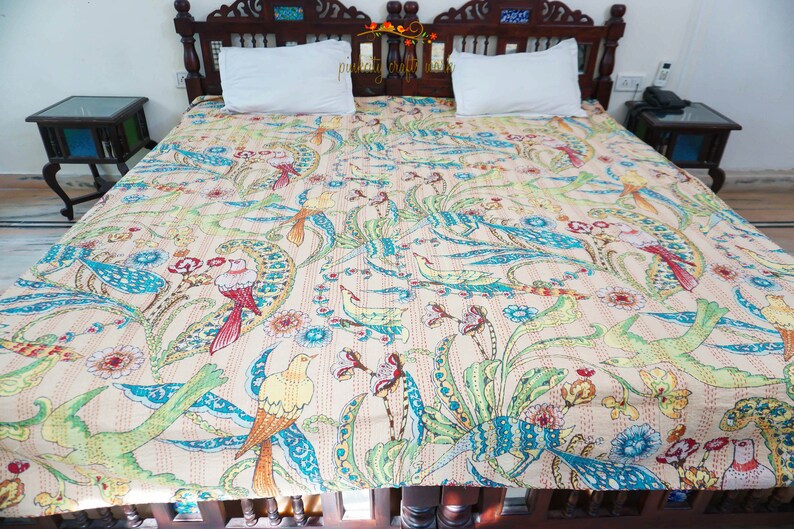 Indian kantha king size gudri Handmade kantha throw quilt with animal print twin sided Bedspread vintage blanket bed throw luxury bedding
