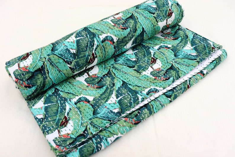 Kantha Coverlet BedCover Banana Leaf Indian Printed king Size Kantha Bedspread Kantha Quilt Kantha Blanket Kantha Throw Cotton Bedspread