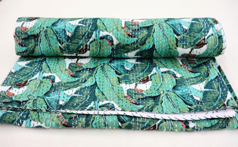 Kantha Coverlet BedCover Banana Leaf Indian Printed king Size Kantha Bedspread Kantha Quilt Kantha Blanket Kantha Throw Cotton Bedspread