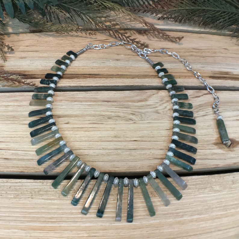 Moss Agate Collar~Warrior Jewelry ~Elven Necklace~Artisan Statement Necklace~Bohemian~Agate Necklace~Sterling Silver Jewelry
