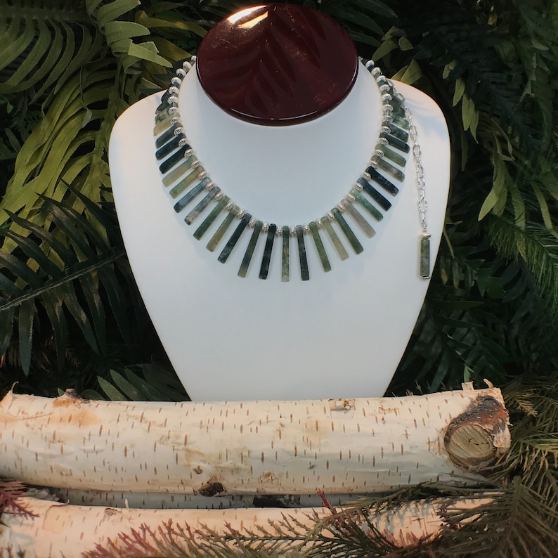 Moss Agate Collar~Warrior Jewelry ~Elven Necklace~Artisan Statement Necklace~Bohemian~Agate Necklace~Sterling Silver Jewelry