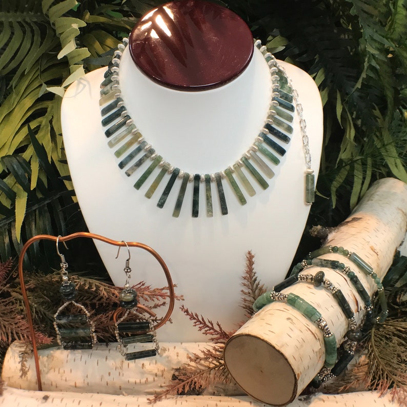 Moss Agate Collar~Warrior Jewelry ~Elven Necklace~Artisan Statement Necklace~Bohemian~Agate Necklace~Sterling Silver Jewelry