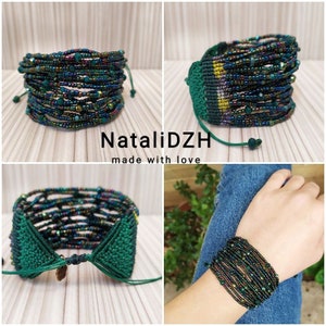 May include: A green beaded bracelet with a dark green and iridescent thread wrap. The bracelet is adjustable with a sliding knot. The bracelet is shown on a model's wrist and laid flat.