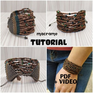Könnte beinhalten: Ein Macrame-Armband-Tutorial mit einem PDF und einem Video. Das Armband ist aus braunen und grünen Perlen und Kordeln gefertigt.