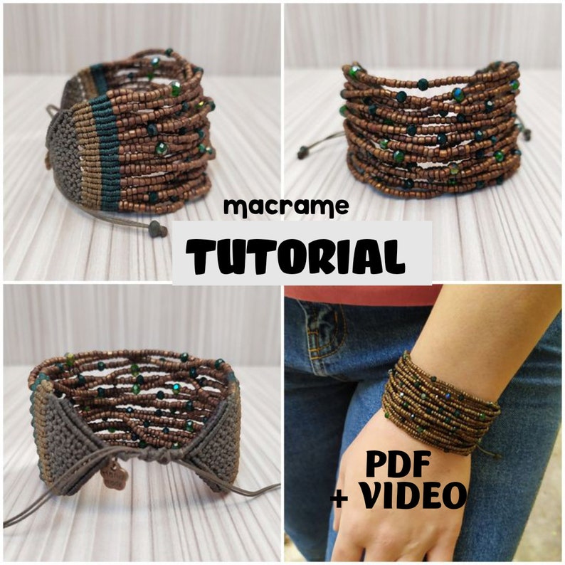 May include: A macrame bracelet tutorial with a PDF and video. The bracelet is made with brown and green beads and cord.