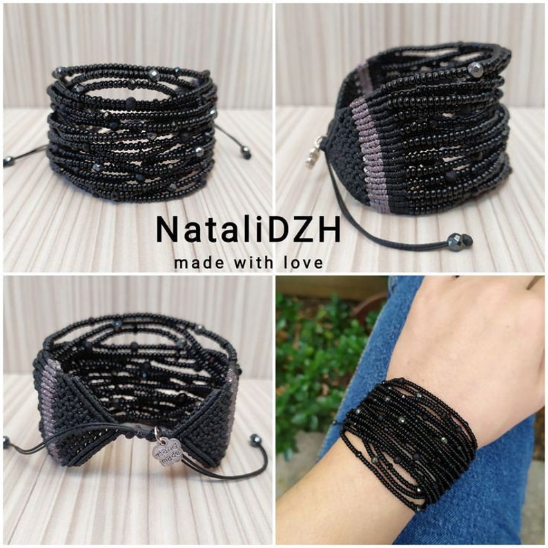 May include: Black beaded bracelet with a grey and black woven design. The bracelet is adjustable with a black cord and a silver charm that says "made with love".