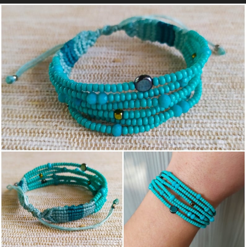 May include: A turquoise beaded bracelet with a woven design and silver accents. The bracelet is layered with multiple strands of beads and has a simple tie closure.