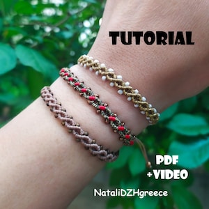 May include: Three braided bracelets with different coloured beads. The bracelets are on a person's wrist. The text "TUTORIAL" is at the top of the image. The text "PDF + VIDEO" is at the bottom of the image. The text "NataliDZHgreece" is below the text "PDF + VIDEO".