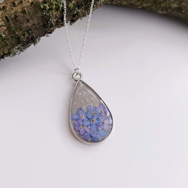 Ashes Necklace - Teardrop Memorial Ashes Pendant with Real Blue Forget Me Not Flowers / Cremation Ash Jewellery