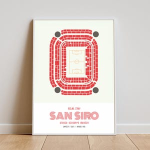 Könnte beinhalten: Ein gerahmtes Poster mit einer grafischen Draufsicht in Rot und Weiß des San Siro Stadions in Mailand, Italien. Der Text lautet MILAN, ITALY, SAN SIRO, STADIO GIUSEPPE MEAZZA, CAPACITY: 75.817 | OPENED: 1926 in roter und schwarzer Schrift.