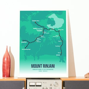 May include: A vertical rectangular poster featuring a map of Mount Rinjani in shades of green. The map displays hiking trails, summit points, and various checkpoints. The text reads MOUNT RINJANI, SEMBALUN TO SENARU, 34.1 KM, 2024 ADVENTURE, LOMBOK, INDONESIA.